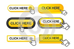 Click Here Button with hand or mouse cursor. Click buttons collection. Computer mouse cursor. Set for button website