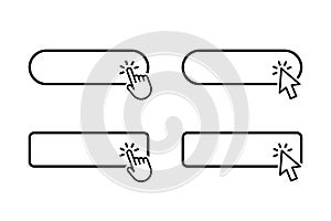 Click Here Button with hand or mouse cursor. Computer mouse cursor or hand pointer symbol. Modern action button