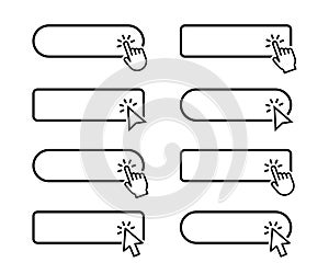 Click Here Button with hand or mouse cursor. Mouse cursor symbol clicking on the frame. Click button