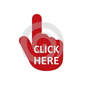 Click here button with hand pointer clicking. Click here web button. Isolated website hand finger clicking cursor â€“ vector