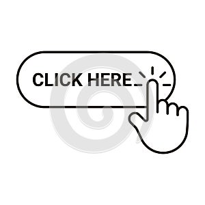 Click here button with hand pointer clicking, editable outline icon. Cursor sign with finger for click. Vector line on white