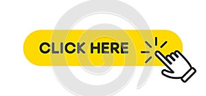 Click here button. Hand pointer clicking, finger cursor with yellow rounded button for website. Vector