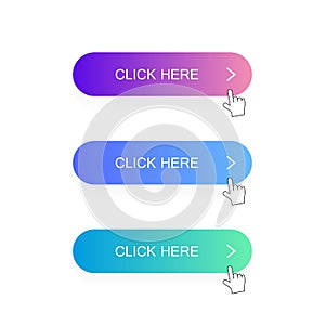 Click here button with hand pointer clicking. Modern flat style vector illustration