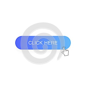 Click here button with hand pointer clicking. Modern flat style vector illustration