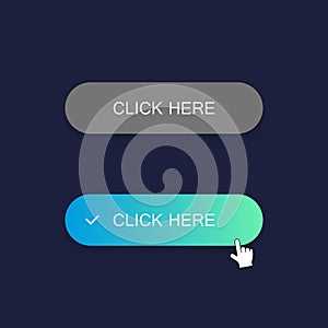 Click here button with hand pointer clicking. Modern flat style vector illustration