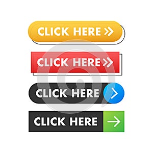 Click here button with hand pointer clicking. Vector stock illustration.