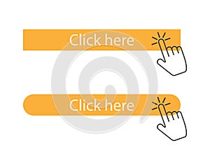 Click here button with hand touching on it. Isolated cursor in flat design. Hand touching square and round button. Push