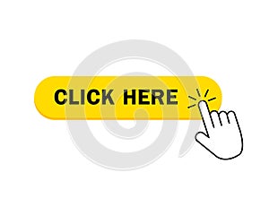 Click here button icon. Yellow button with hand pointer for register on website. Click here with finger pointing button for banner