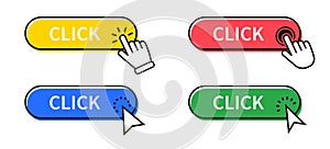 Click Here Button with mouse cursor. Set for button website design. Computer mouse click cursor or Hand pointer symbol