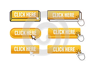 Click here Button with pointer clicking. Click here web buttons set. User interface element in flat style. Vector stock