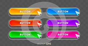 Click here button set, link mouse click, color set. Vector illustration