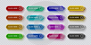 Click here button set, link mouse click, transparent background. Vector illustration