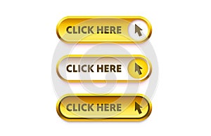 Click here button set, link mouse click. Vector illustration