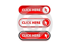Click here button set, link mouse click. Vector illustration