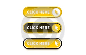 Click here button set, link mouse click. Vector illustration