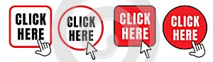 Click here button set. Push buttons with computer mouse click cursor and click with hand cursor. Vector minimalist design