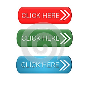 Click here buttons for web icon various color white background 3d