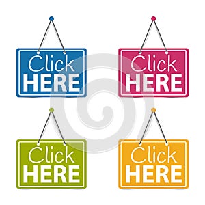 Click Here Hanging Business Signs - Vector Illustration - Isolated On White Background