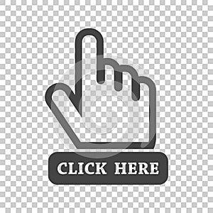 Click here icon. Hand cursor signs. Black button flat vector ill