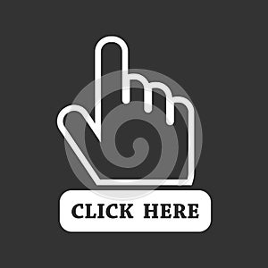 Click here icon. Hand cursor signs. Black button flat vector ill