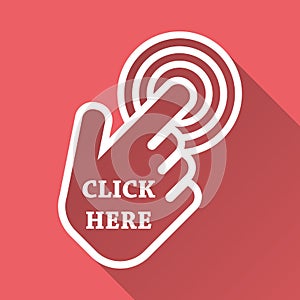 Click here icon. Hand cursor signs. Pink buttons with long shadow. Flat vector illustration.