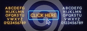 Click here neon sign on brick wall background.