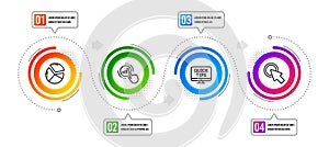 Click here, Pie chart and Web tutorials icons set. Graph chart sign. Vector