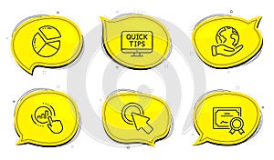 Click here, Pie chart and Web tutorials icons set. Graph chart sign. Vector
