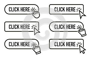 Click here set. Button icon line set with hand pointer clicking