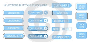 The click here is a set of simple modern buttons. Push button for an application, advertisement, store or website