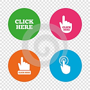 Click here signs. Hand press icons.