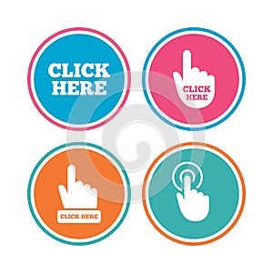 Click here signs. Hand press icons.
