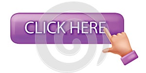 Click here vector button, 3D web hand mouse pointer icon, website internet banner, finger arrow.