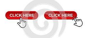 Click here vector red button. Finger cursor clicking button for app and web design