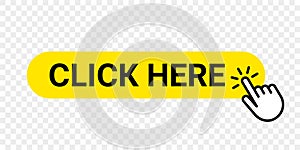 Click here vector web button. Isolated website buy or register yellow bar icon with hand finger clicking cursor photo