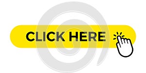 Click here vector web button template yellow bar with hand finger click cursor