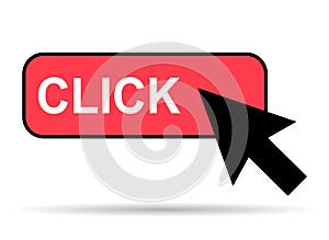 Click here web button with shadow, internet flat pointer design, press link vector illustration