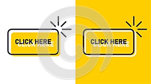 Click here. Yellow rounded shape button with black stroke. Easy vector online web icon