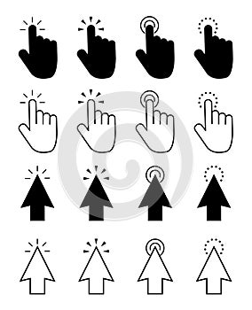 Click icon set vector. Mouse pointer, computer cursor for web, app. Here point, flat hand click icons. Finger press button. Touch