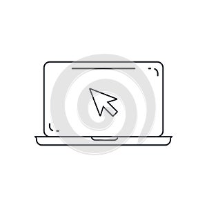 Click in laptop vector icon illustration. Laptop with pointer or cursor icon isolated. Notebook screen template. Display