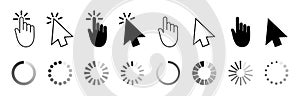 Click of mouse. Cursor icons. Pointer for computer. Arrow, hand, finger for internet button and interface of website. Web black