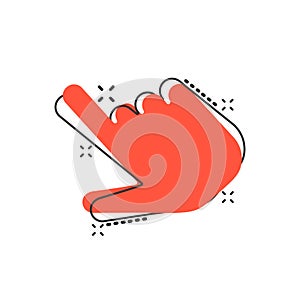 Click mouse icon in comic style. Pointer vector cartoon illustration on white isolated background. Hand push button business