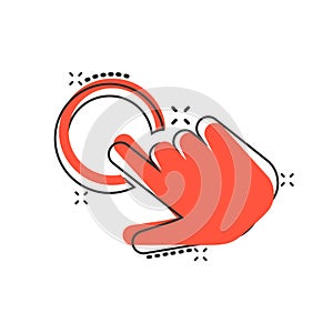 Click mouse icon in comic style. Pointer vector cartoon illustration on white isolated background. Hand push button business