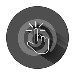 Click mouse icon in flat style. Pointer vector illustration on black round background with long shadow. Hand push button business