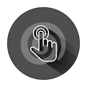 Click mouse icon in flat style. Pointer vector illustration on black round background with long shadow. Hand push button business