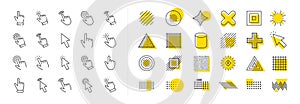 Click pointer line icons. Mouse cursor, hand finger and press here. Design elements. Vector