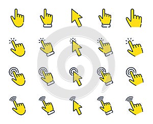 Click pointer line icons. Mouse cursor, hand finger and press here. Vector