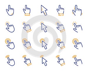Click pointer line icons. Mouse cursor, hand finger and press here. Vector