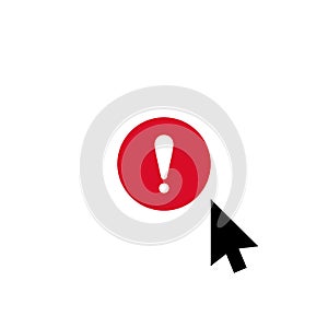 Click vector icon, cursor symbol with exclamation mark. Cursor arrow icon and alert, error, alarm, danger symbol