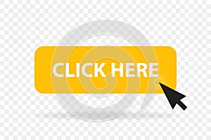 Click web button template. Vector yellow bar, computer mouse click here cursor